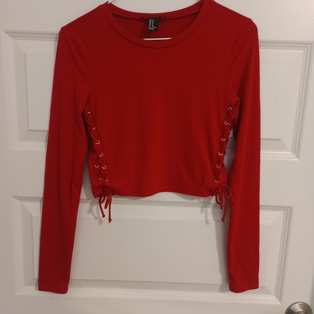 Forever 21 Red Long Sleeve Crop Top with Cut Out